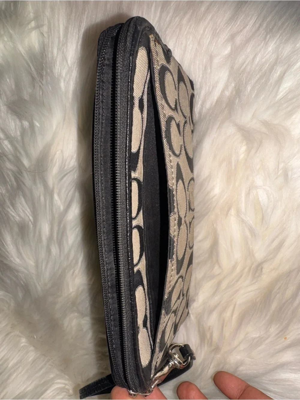 Coach Monogram Wristlet in Taupe and Black